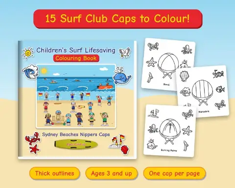 Sydney Beaches Nippers Caps colouring book cover with sample pages