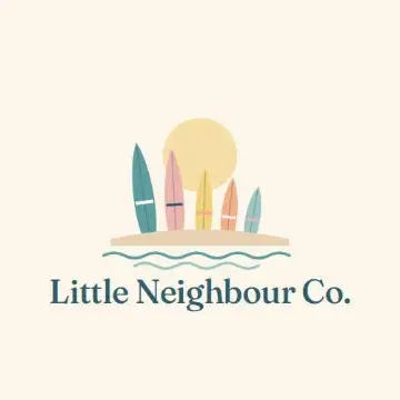 Little Neighbour Co. logo: surfboards and a setting sun over gentle waves